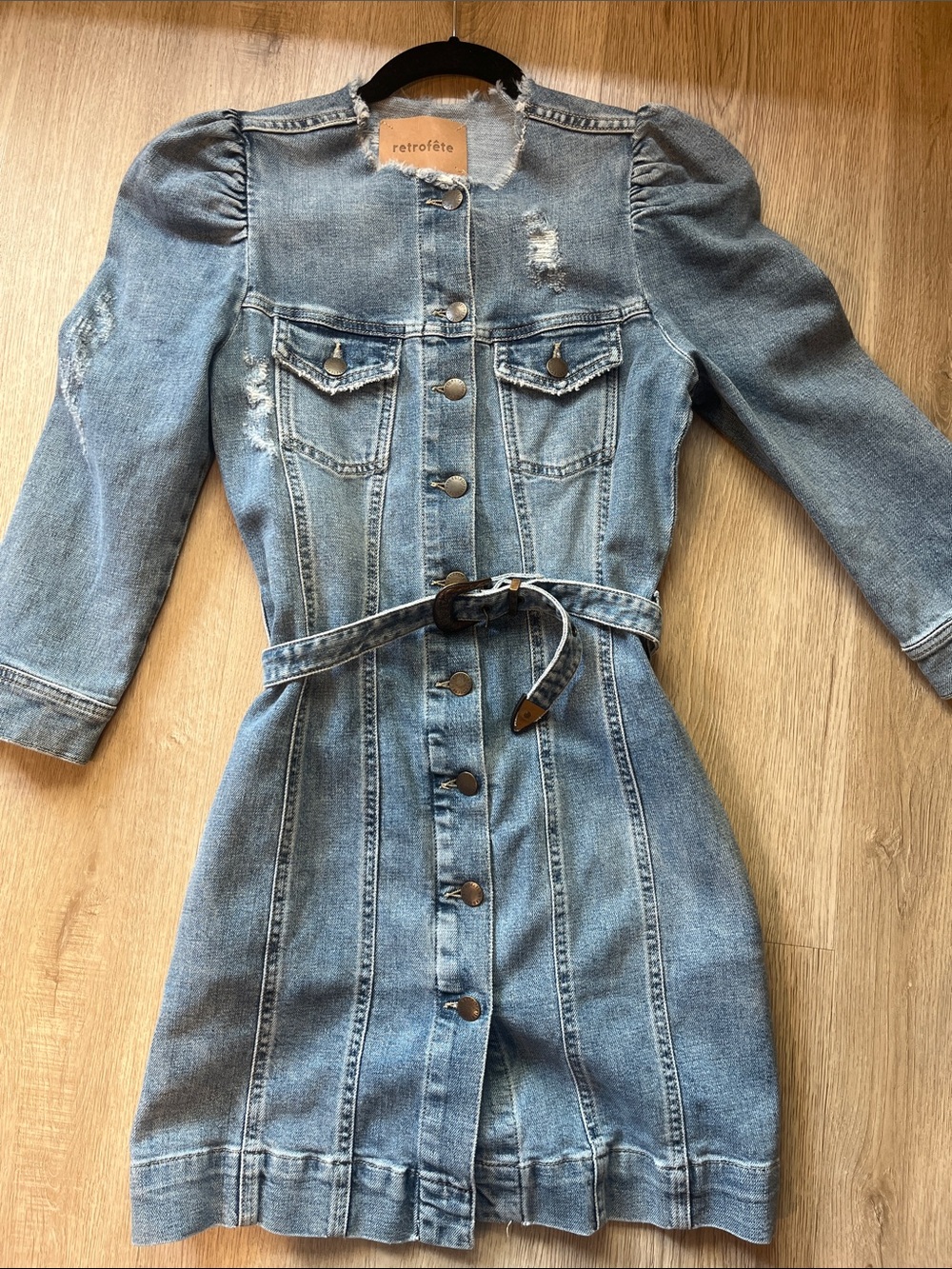 Reformation Blue Distressed Denim Mini Dress with Belt